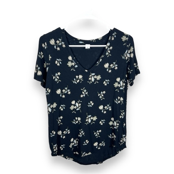 XS OLD NAVY BLACK BEIGE FLORAL PRINT TEE SHORT SLEEVE STRETCH VNECK TSHIRT - Picture 1 of 6